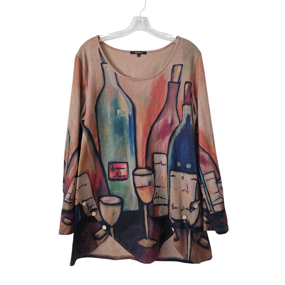 Radzoli Women Large Wine Bottle Print Tunic Top Long Sleeve Button Hem‎ Artistic